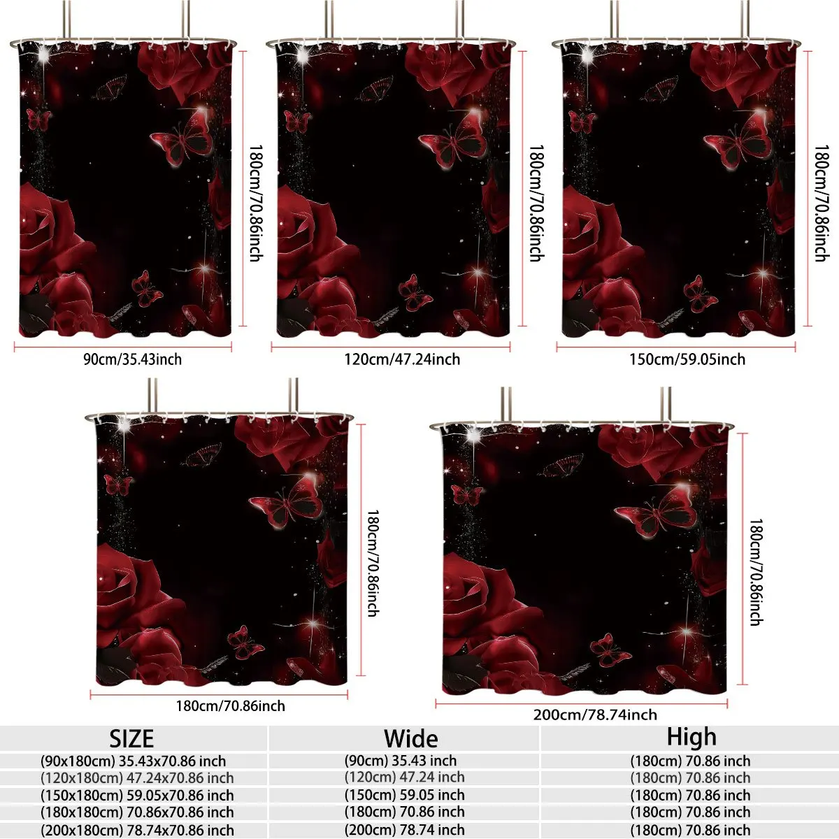 Romantic Red Roses Butterfly Print Shower Curtain Bathroom Decoration Luxury Floral Gothic Shower Curtain Liner - view 2