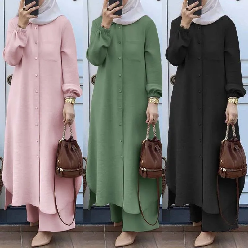 Muslim Arabian Fashion 2pcs Clothes Suits Spring Autumn Women Long Shirts+trousers  Abaya Femme Musulman Eid Mubarek Outfits