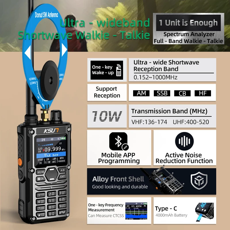 KSUN HF123D UHF VHF Dual HAM Band Radio AM FM NOAA CW SSB HF Shortwave Walkie Talkie 10W Blue-tooth Programming Radio