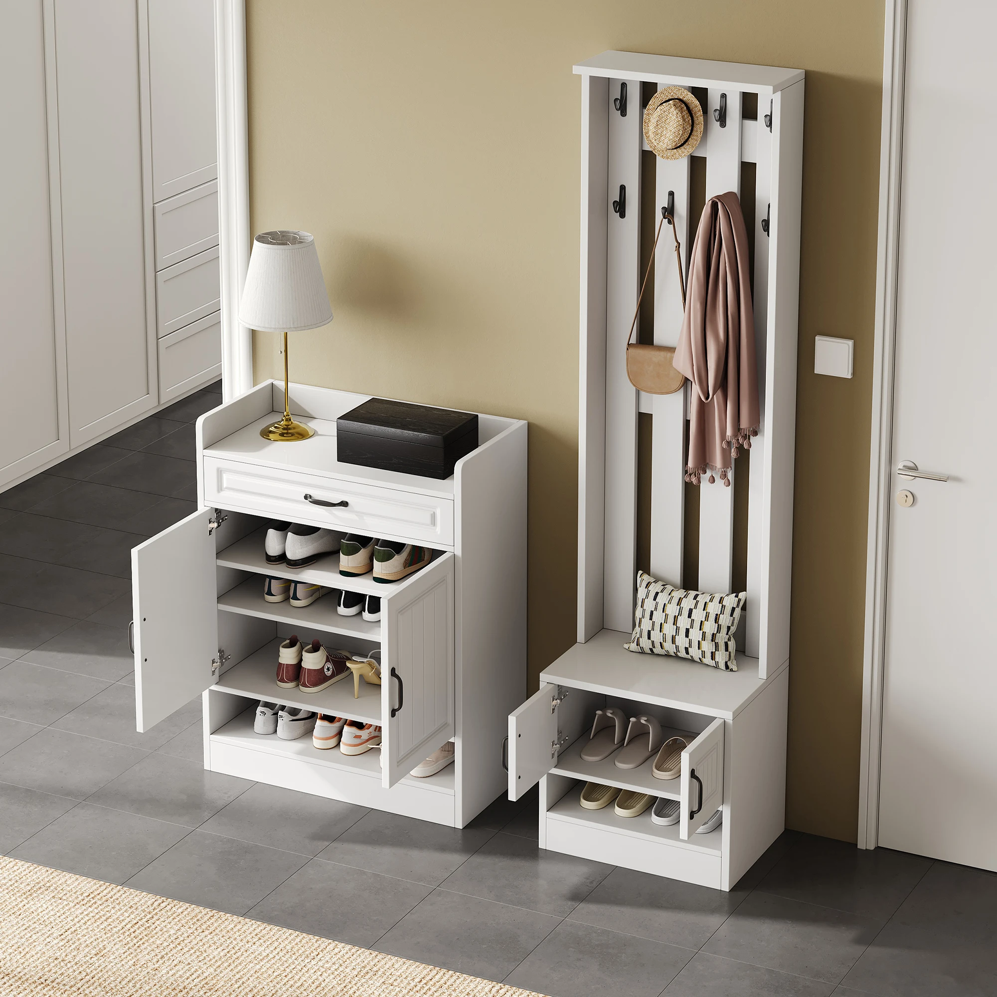 PINGGO Garderobenset, Wandschrank mit Schuhregal, 8 Haken, 4 Türen, 1 Schublade, weiße Flurmöbel, 125 x 36 x 190 cm – Detail 2