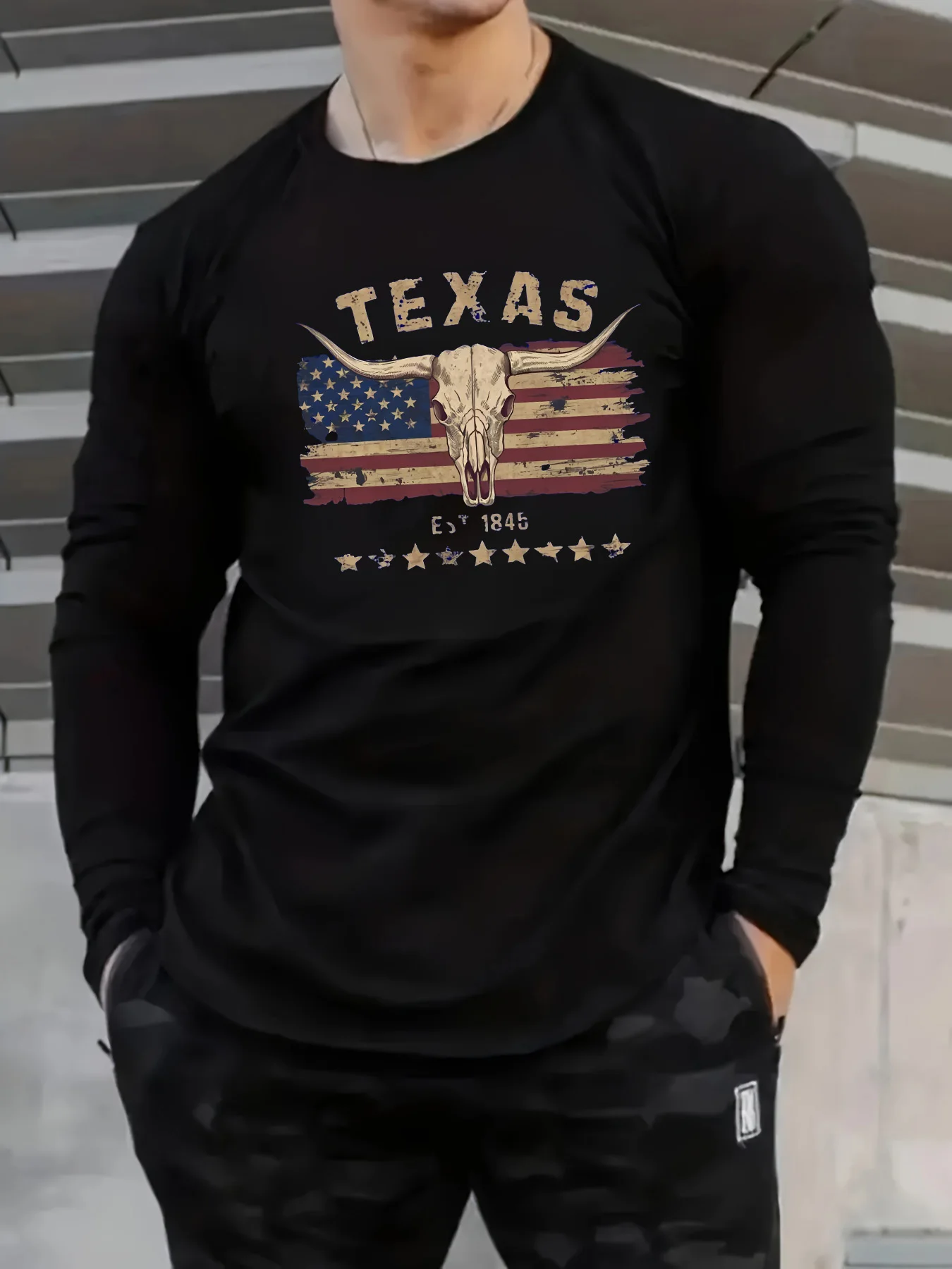 Men's 100% Pure Cotton Loose Comfortable Casual Fashion Wild West Cow Head Pattern round Neck Long Sleeved T-Shirt