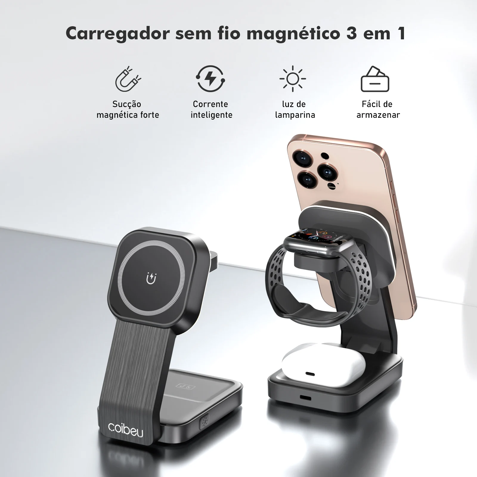 Base de carregamento sem fio 3 em 1 com ímã，Suporte de carregamento de celular com ímã，Carregador sem fio dobrável