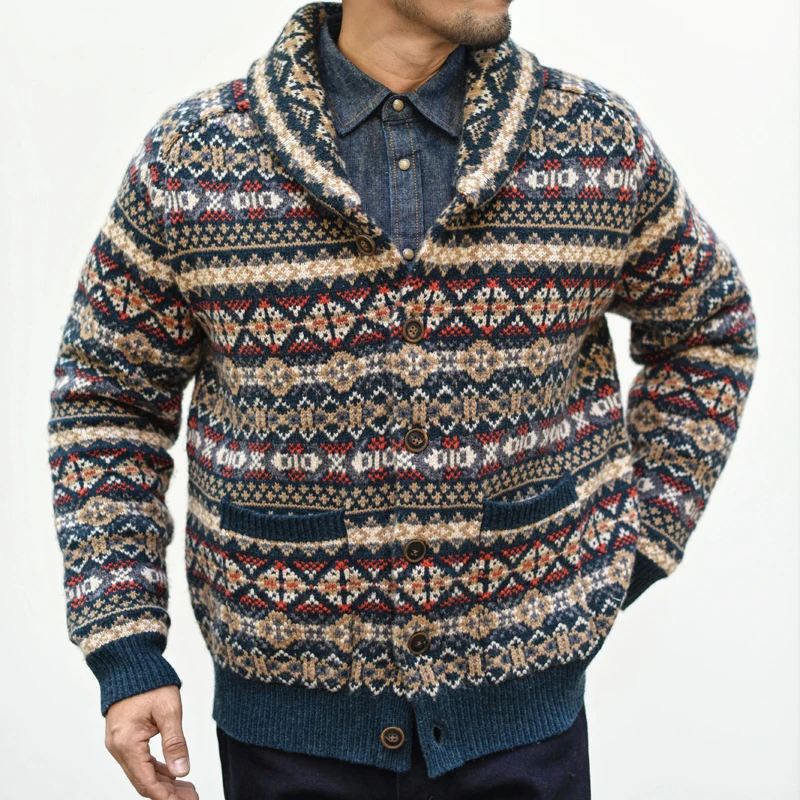 

Thiened шерстяной кардиган, свитер, винтажная верхняя одежда Ameiia, свободный крой, длинный свек, теплый мужской трикотаж с геометрическим узором