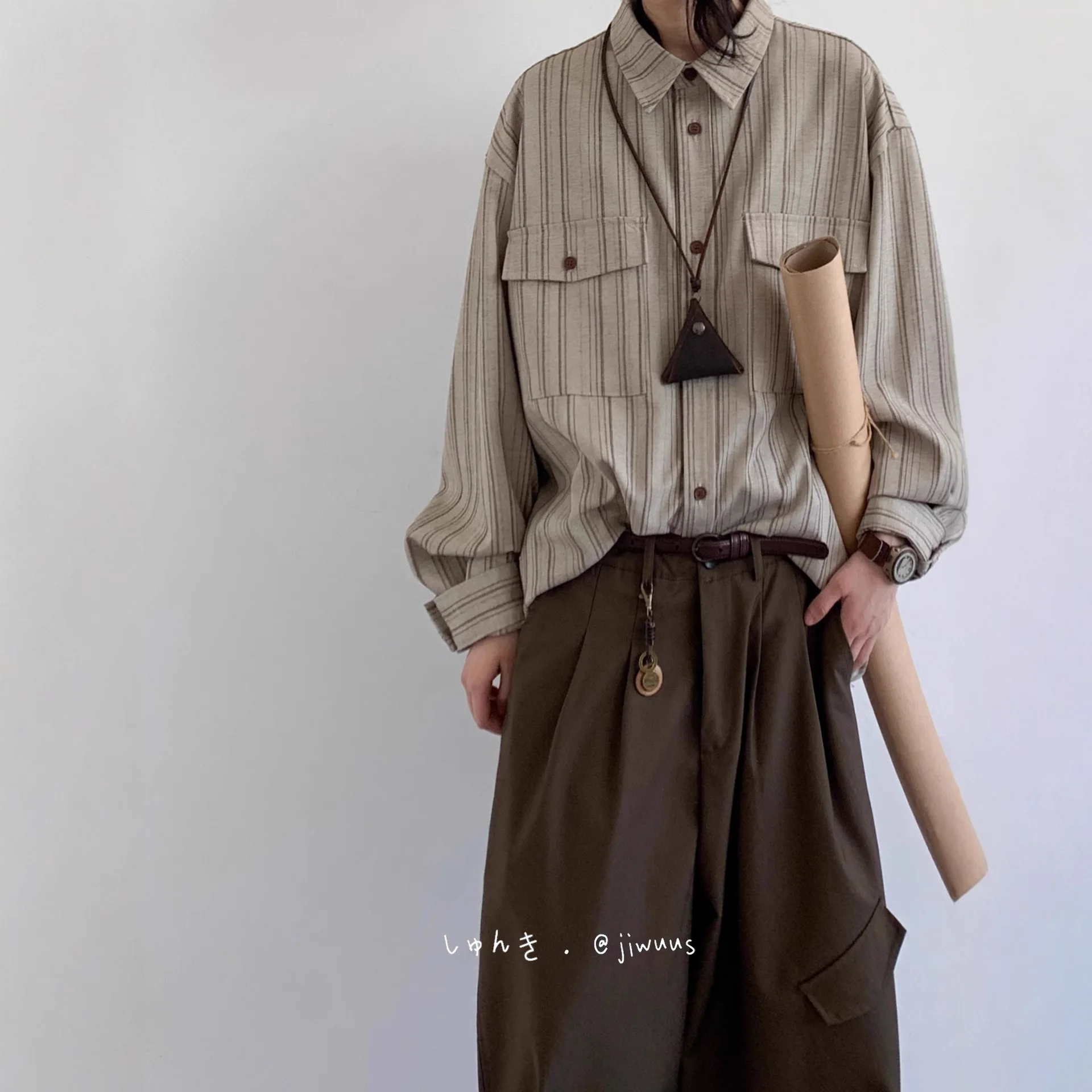 Japanese Retro Vertical Striped For Men, Spring And Autumn New Turn-Down Collar, Loose Fit, College Style, Long Sleeve
