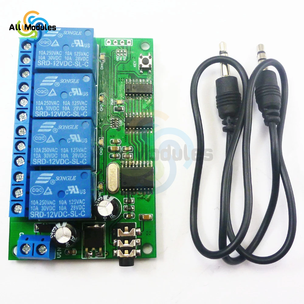 AD22B04 MT8870 4 Channel Relay DTMF Tone Signal Decoder Remote Control Relay Module 12V DC for PLC Smart Home With 3.5mm Cable