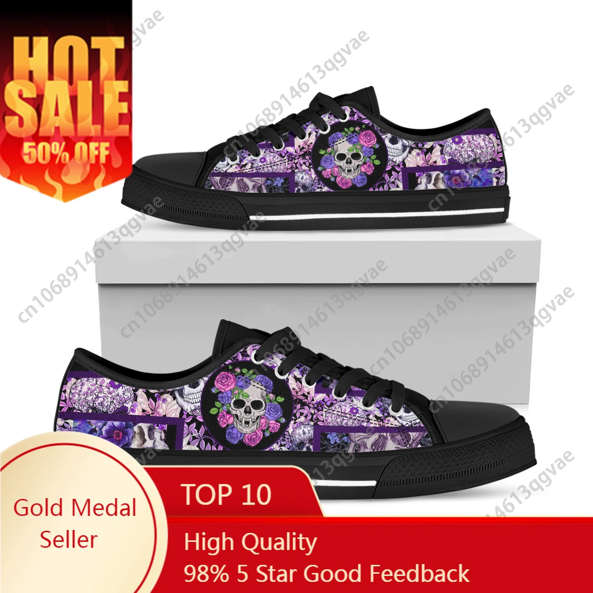 

Purple Flower Skull Prints Low Top Sneakers Mens Womens Teenager High Quality Canvas Sneaker Couple Custom Personalized Shoe