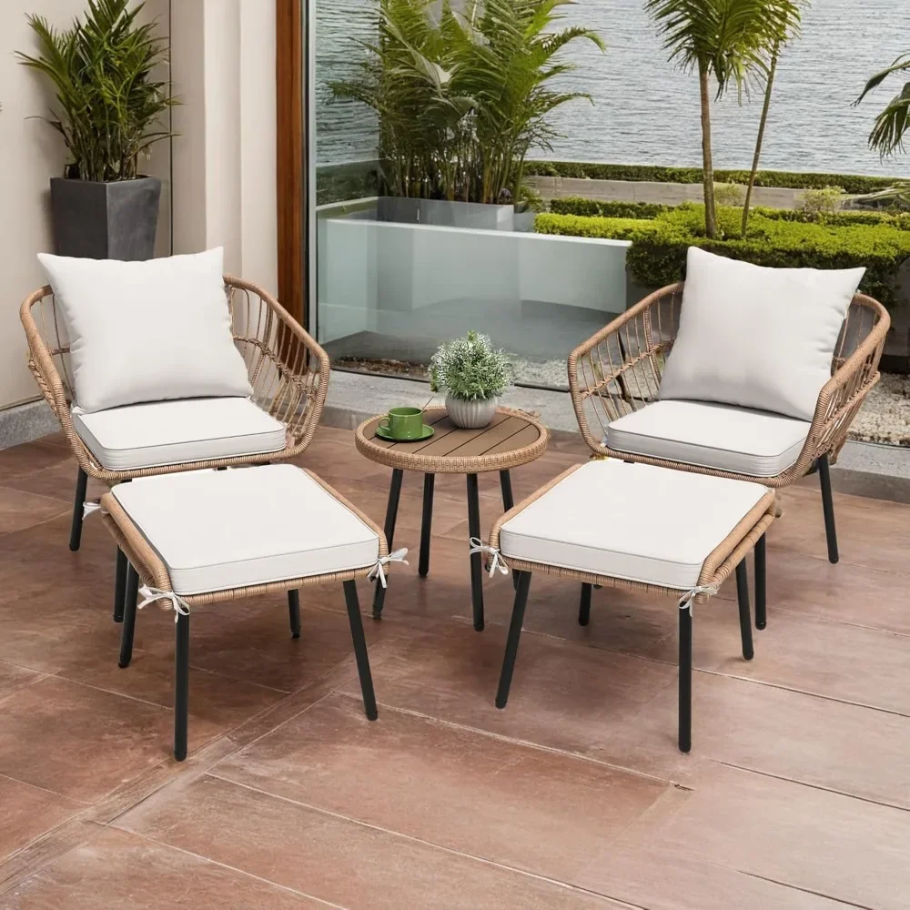 

5 Piece Patio Bistro Set, Outdoor Wicker Conversation Set with Ottomans and Side Table, All-Weather Durable Rattan Furniture