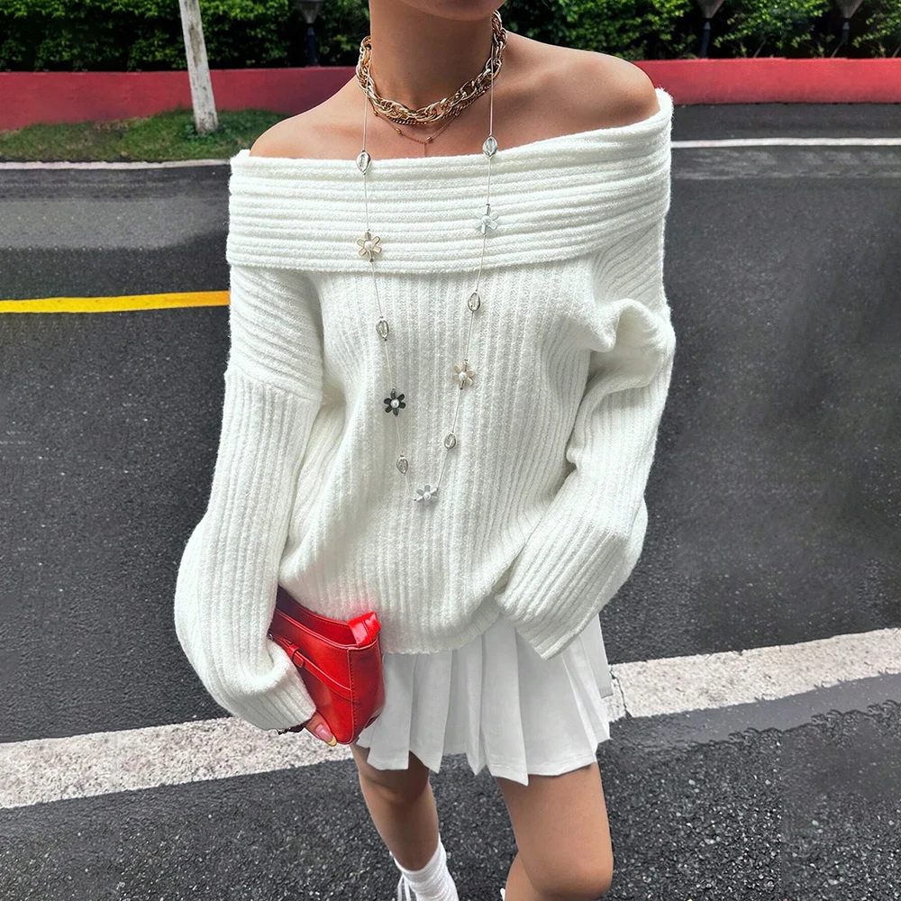 

Talenza Off-Shoulder Solid Knit Sweater Women Casual Loose Long Sleeve Patchwork Oversized Sweater Slim Fashion Pullover Female