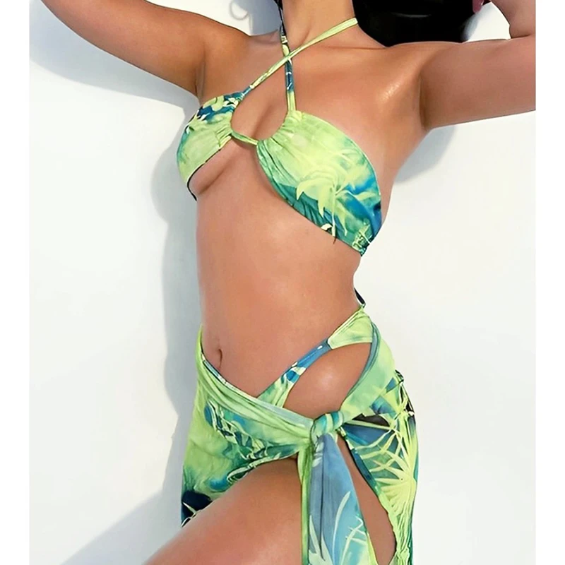 Gradient Printing Swimsuit Women Micro Bikini Three Piece Sexy Bandeau Bikini Set Bandage Cover Up Beach Vacation Bathing Suit