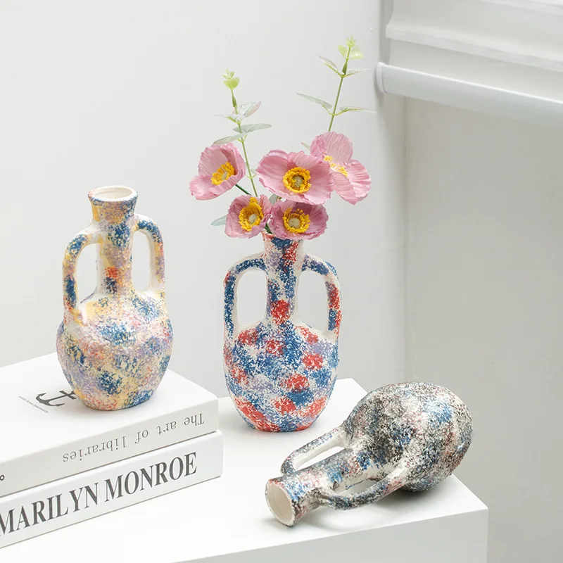 Reading Tu Creative Wabi Sand Wind Color Ceramic Vase Living Room Homestay Decoration Simulation Dried Flowers Advanced