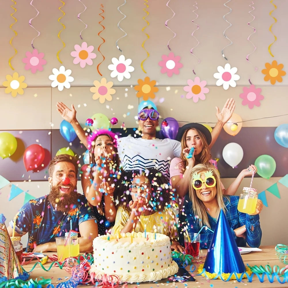 Set mit 16 rotierenden Gänseblümchen-Hängedekorationen – ideal für Boho-Hippie-Retro-Geburtstagsfeiern – Detail 3