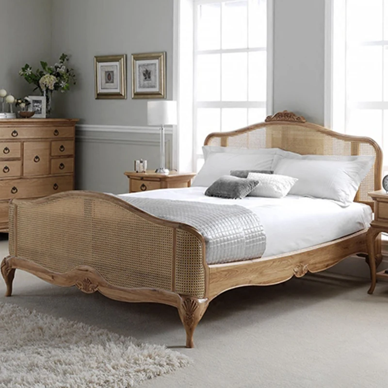 

Retro solid wood rattan bed American simple carved rattan bed original wood color master bedroom 1.5/1.8m double bed