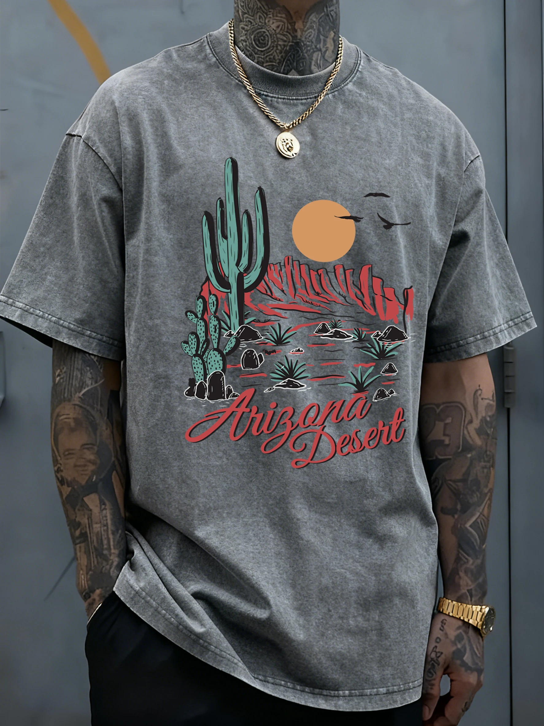 أريزونا الصحراء الصبار الجبل تصميم الرجال غسلها تي شيرت الهيب هوب لينة قصيرة الأكمام كل مباراة القطن تي شيرت فضفاض Crewneck