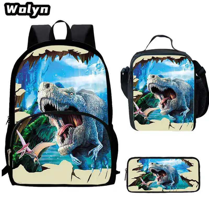 3Pcs Set Dinosaur Mochila Jurassic Backpack with Lunch Bags Pencil Case,Printing Book Bags for Grades1-4 Students Backpacks