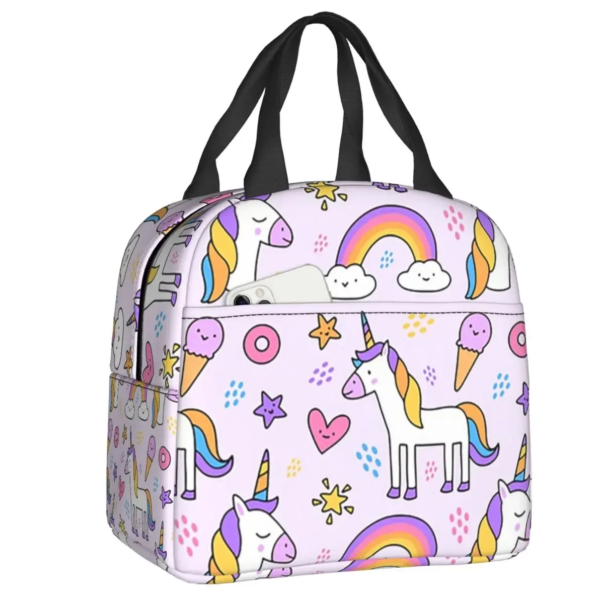 Cute Unicorn Pattern Insulated Lunch Tote Bag for Women Mythical Animal Resuable Thermal Cooler Bento Box Work School Travel