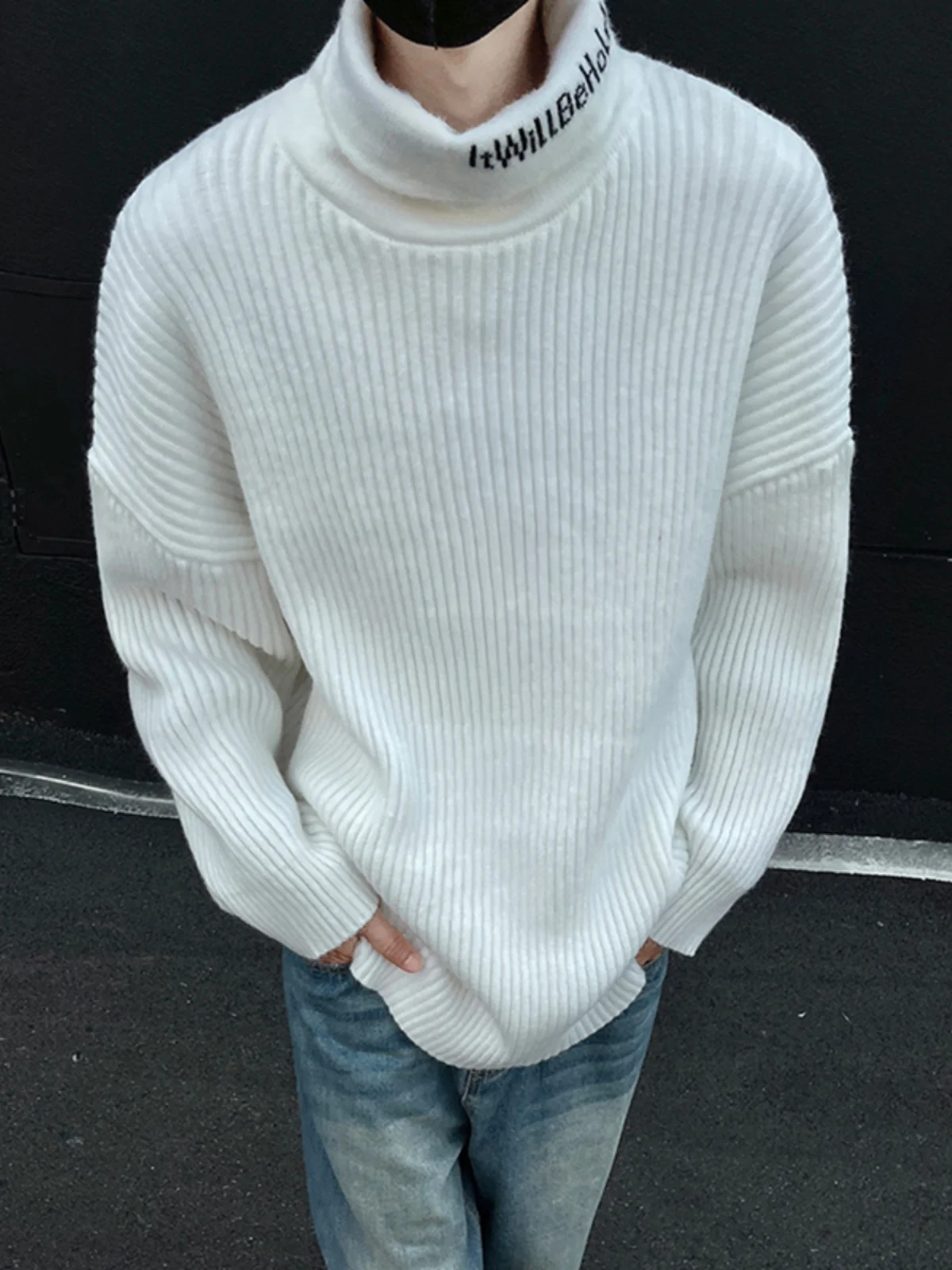 

Мужской вязаный свитер с высоким воротником, вышивкой букв, свободного кроя, теплый зимний базовый слой в винтажном американском стиле