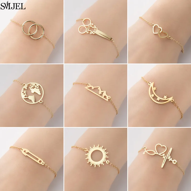Minimalistische Damen-Gliederketten-Armbänder mit Schere, Mond und Sonne Anhänger für Mädchen, Punk Doppelrund Edelstahl Armband Verstellbar
