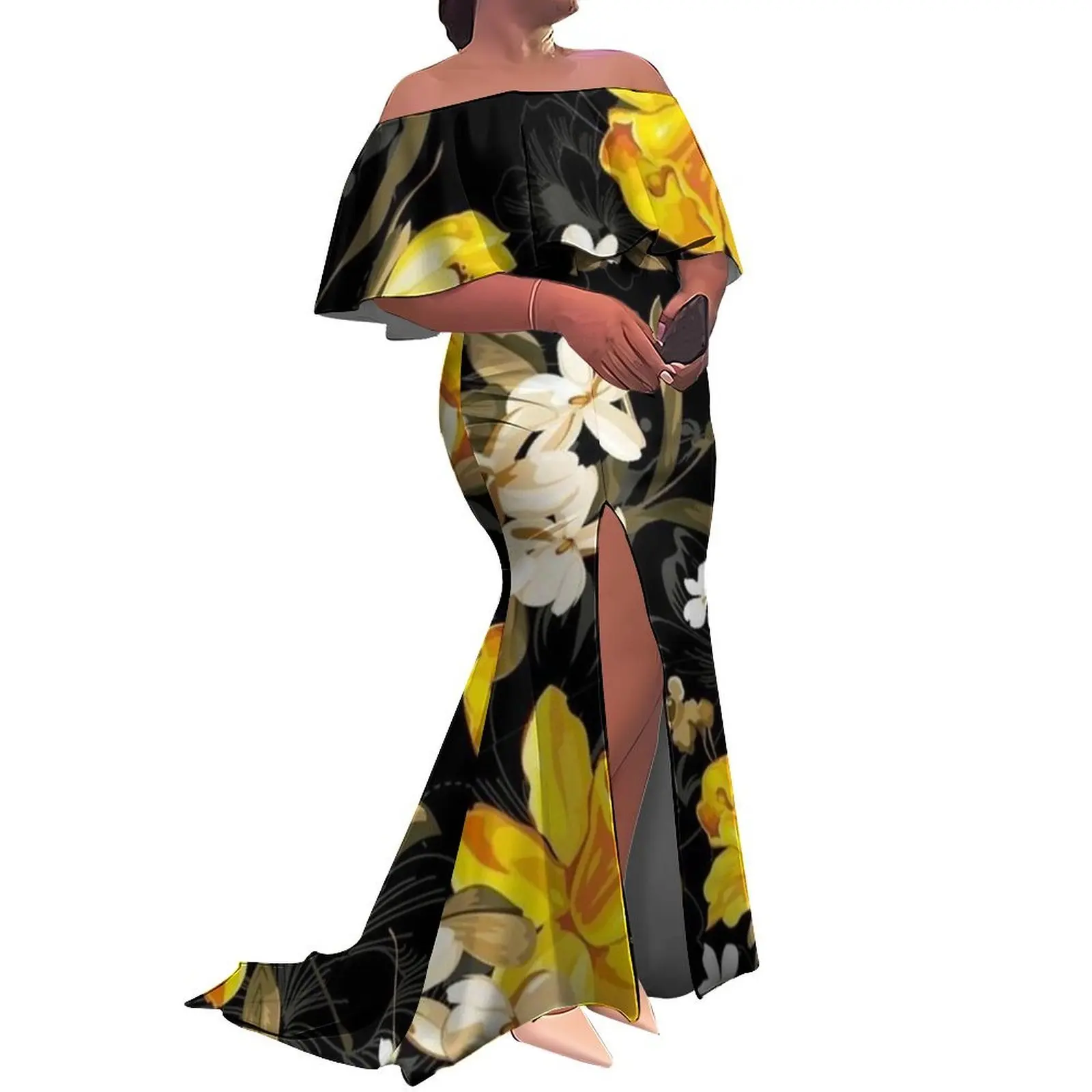 Custom-Made Polynesian Summer Lotus Leaf Collar And Hibiscus Flower Slimming Long Floor-Length Slit Women'S Dress