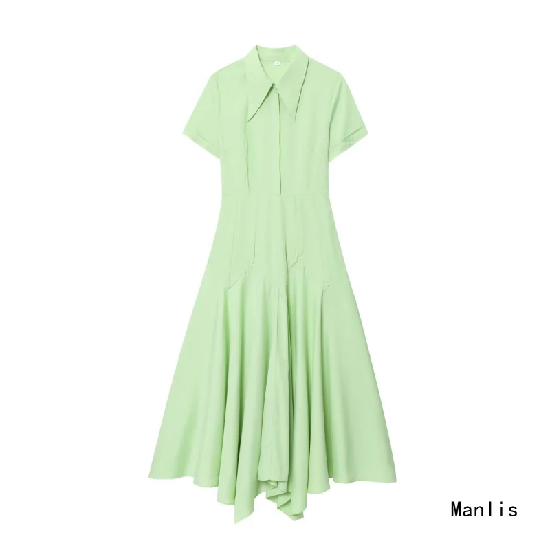 ชุดเดรสแขนสั้นสีพื้นเรียบหรูสำหรับผู้หญิงสไตล์ยุโรปและอเมริกา ปี 2025