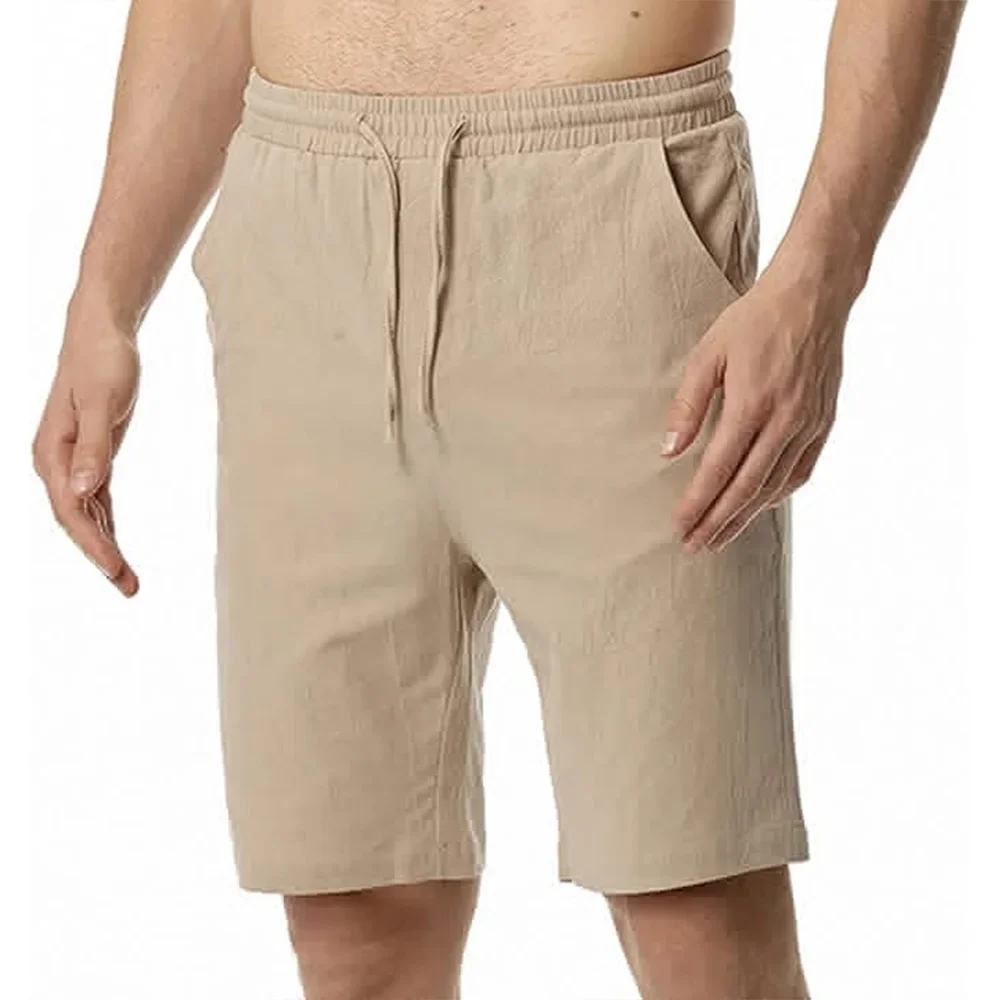 Men's Elastic Waist Solid Color Hawaiian Shorts Casual Cotton Linen Short Pants Men Shorts Breathable Sweatpants Male Bottoms