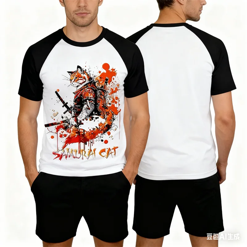 

Мужская футболка с 3D принтом самурайского кота, комплект с индивидуальным узором, шорты с короткими рукавами, костюм, летняя мода, свободный мужской комплект из двух предметов