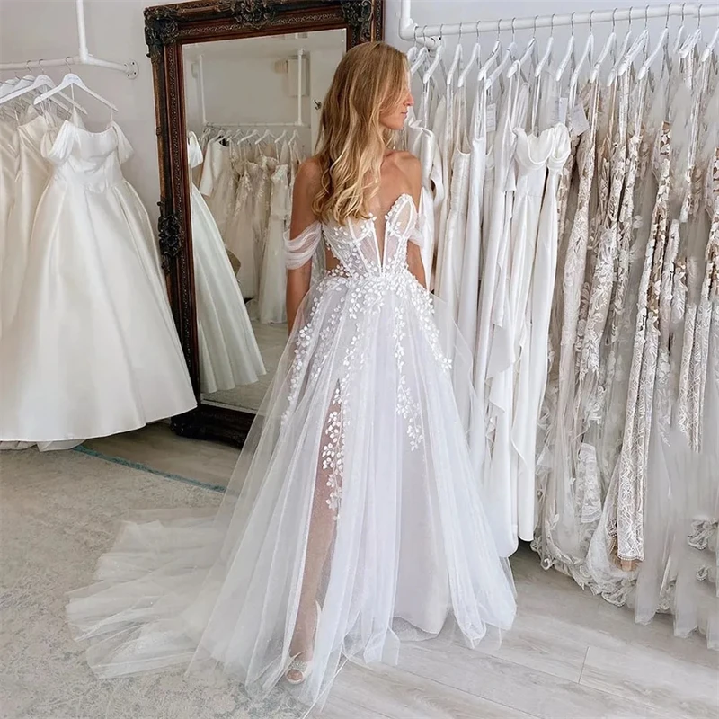 Sexy Illusion Boho Wedding Dress Lace Applique Sheer Deep V Neck Off The shoulder Front Split Beach Bridal Gowns Summer A Line