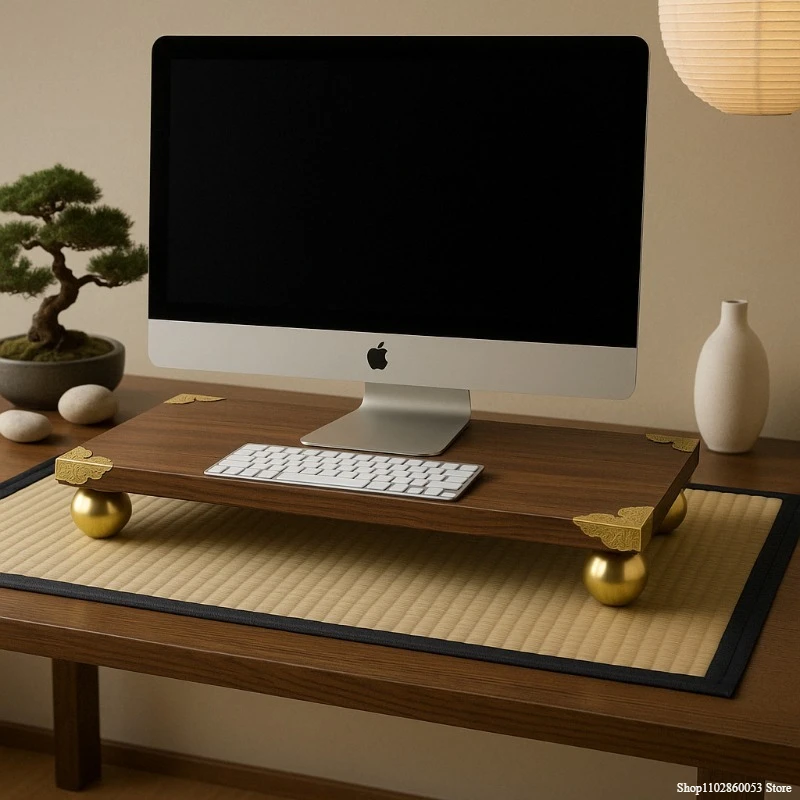 

Chinese Style Monitor Riser Stand Walnut Desktop Shelf with Brass Ball Legs Screen Display Base for Office Workspace Organizer