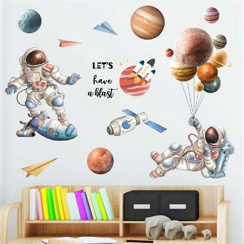 Cartoon Spaceman Travelling In Cosmos Wall Stickers For Kids Room Home Decoration Diy Planet Balloon Mural Art Pvc Decals Poster