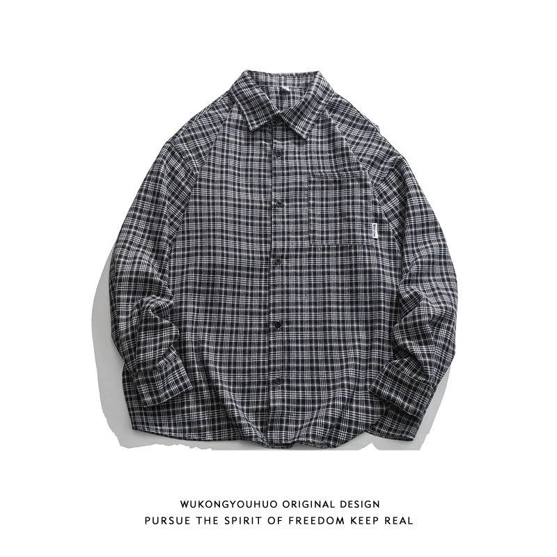 Spring Autumn Japanese High Street Plaid Contrast Long-sleeved Shirts for Men and Women Retro Loose Casual Couple Shirt Jacket