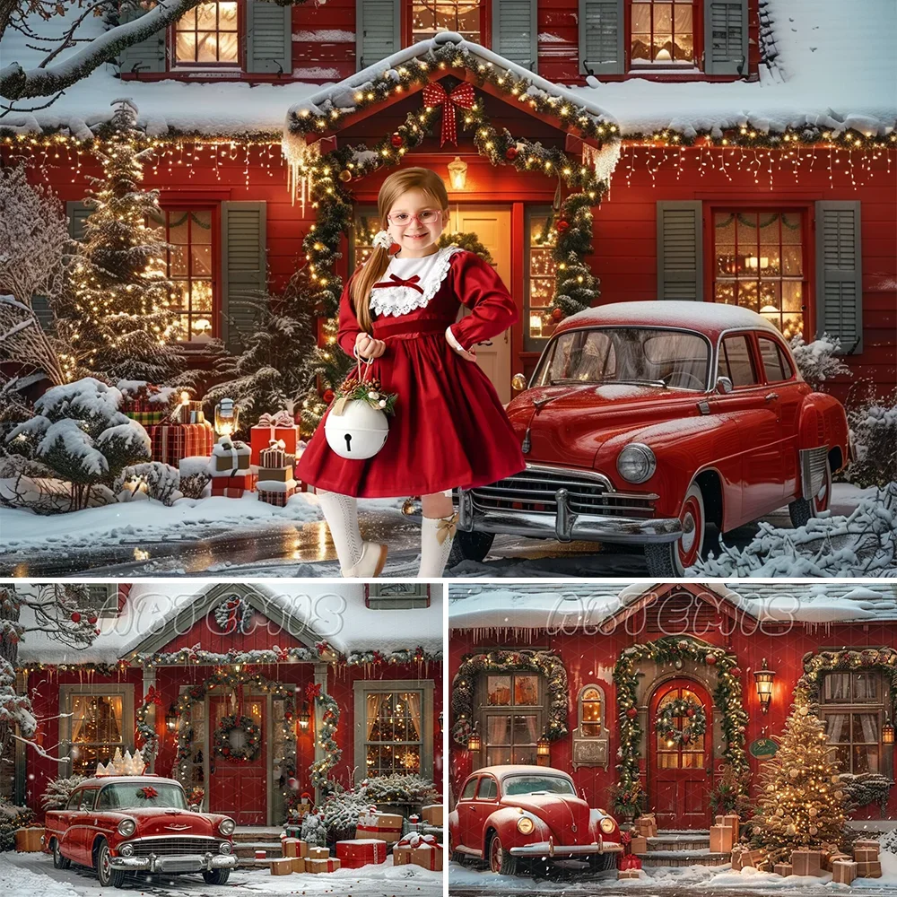 Christmas Photography Backdrop Red House Christmas Decorations Vintage Car Presents Trees Snow Background Photo Studio Photocall