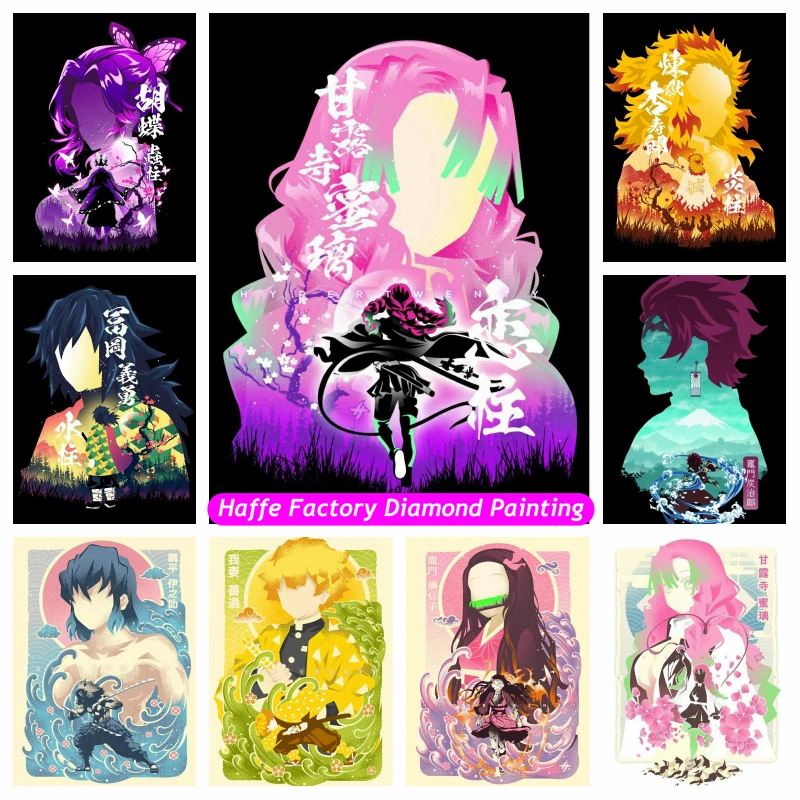 Fantasy Demon Slayer Silhouette Art Diamond Painting Kits Mitsuri Kanroji And Shinobu Kocho Cross Stitch Mosaic Home Decor