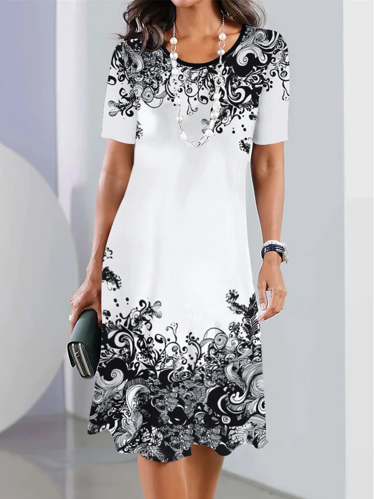 Nowa Sukienka w Kwiaty z Krótkim Rękawem w Stylu Boho na Wakacje Letnie Sukienki w Linii A Odzież Damska Plus Size z Kwiatowym Nadrukiem