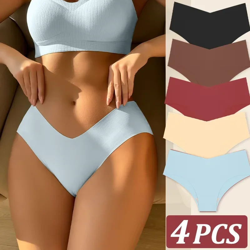 4Pcs Seamless Panties For Women Silky Maillard Low Waist V-Waist Briefs Cotton Crotch Breathable Underwear Quick-Drying Underwea