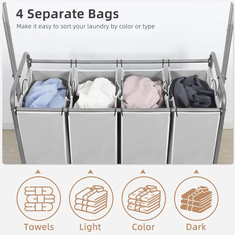 Laundry Sorter with Hanging Bar, Portable, Removable Laundry Hamper Cart with Heavy Duty Rolling Lockable Wheels