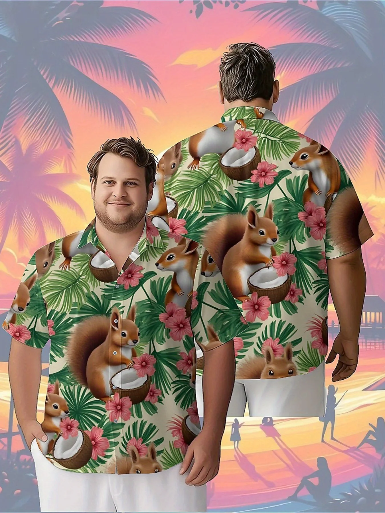 

Men's Plus Size Hawaiian Shirts Tropical Squirrel Coconut Flower Pattern,Unisex Baggy Aloha Shirts,summer Alternative Clothing