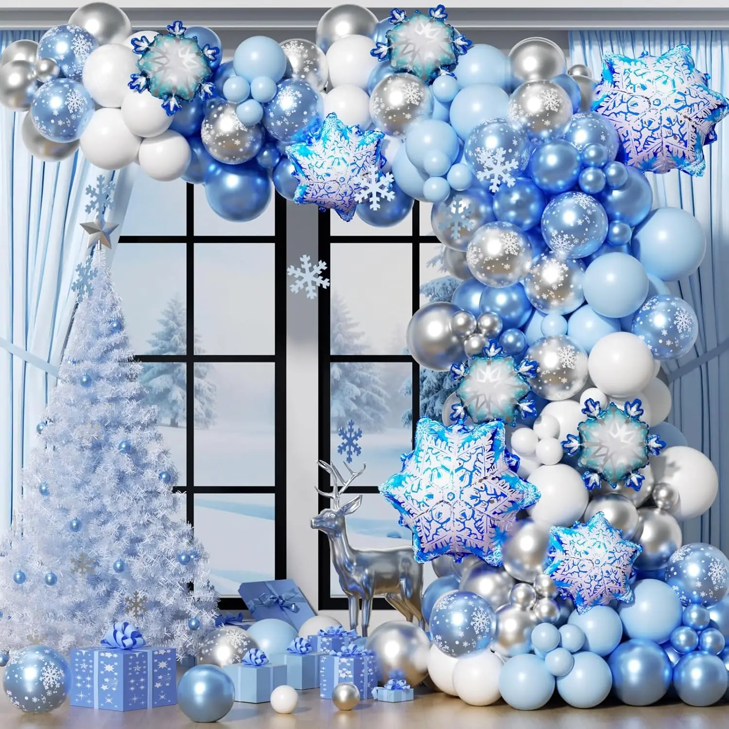 Kit de Arco de Globos de Elsa Frozen, Globos Azules, Blancos y Plateados con Copos de Nieve para Decoración de Fiestas de Cumpleaños de la Reina de las Nieves