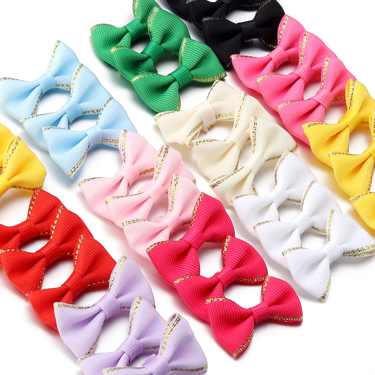 30pcs Mini Satin Ribbon Bows Color Gold Edge Grosgrain Bownots for Handmade DIY Ties Headwear Clothing Decoration Accessories