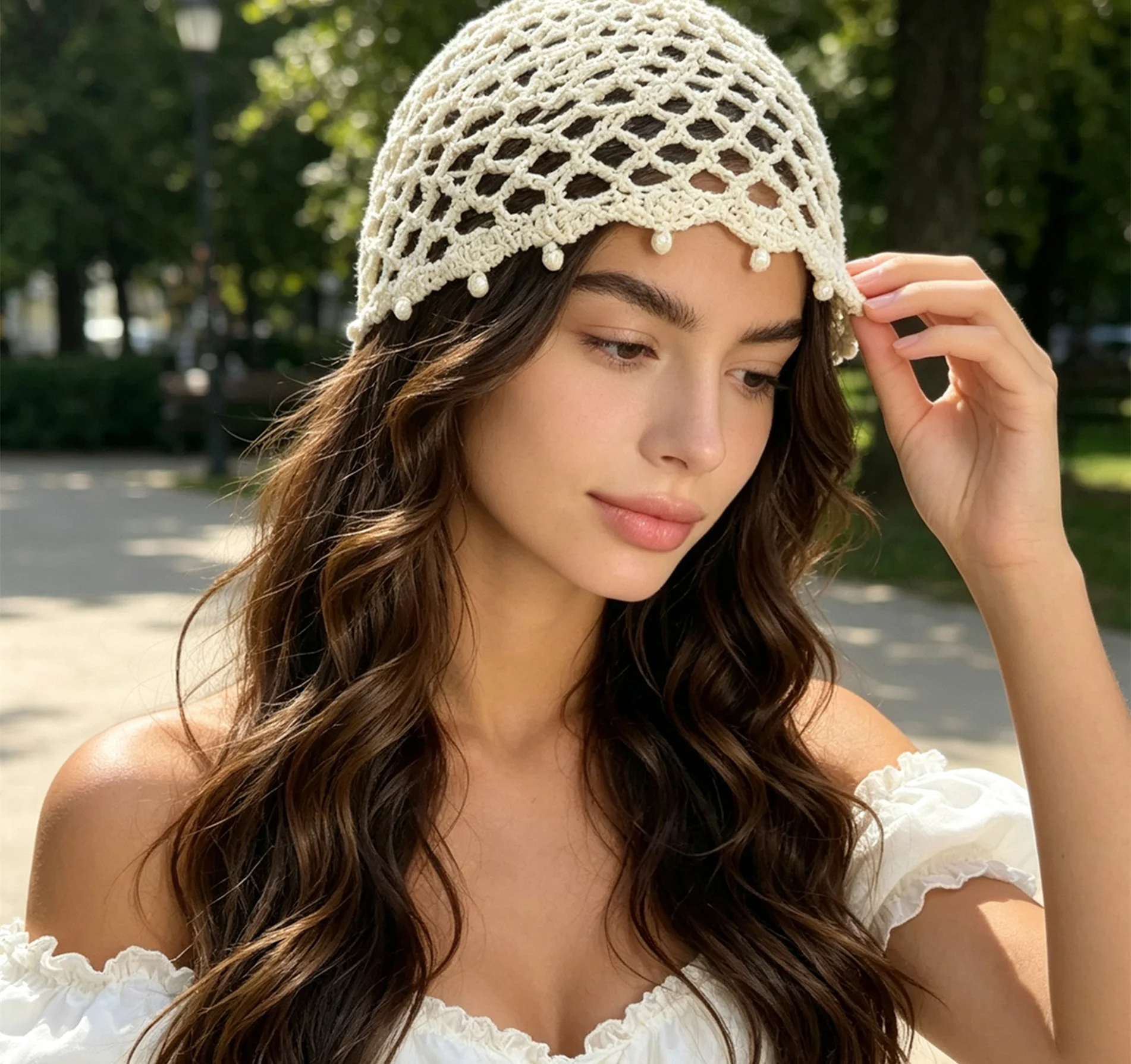 Fashion Crochet Knit Hollow Out Hat for Women Pearl Decor Thin Breathable Floral Lace Headwrap Sweet Beanie Cap Turbante Mujer