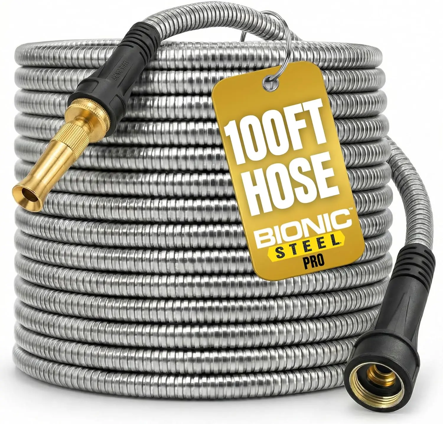

100Ft Stainless Steel Garden Hose with Nozzle, Rust Proof, Lightweight, Heavy Duty, 500 PSI for High Performance