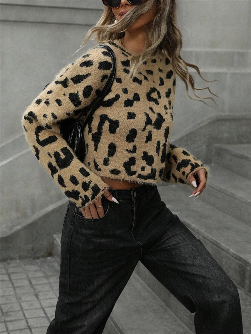 BB New Autumn And Winter Leopard Print Top Knitted Simple And Versatile Pullover Sweater