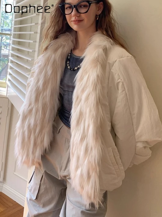 Corea Ins Street blanco ecológico piel sintética Patchwork invierno nuevas chaquetas de algodón grueso para mujeres Chaqueta corta de piel de gama alta