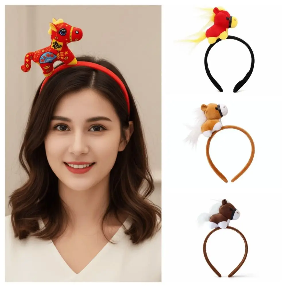 

Cute Cartoon Horse Hair Hoop Pony Red New Year Headband Good Luck Headwear Plush Horse Headband Photo Prop
