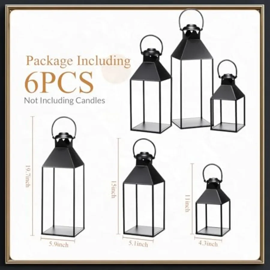 مجموعة من 6 فوانيس شمعة مزخرفة في 19 15 11 مقاسًا مع تصميم جمالي للمزرعة العتيقة باللون الأسود بدون زجاج f