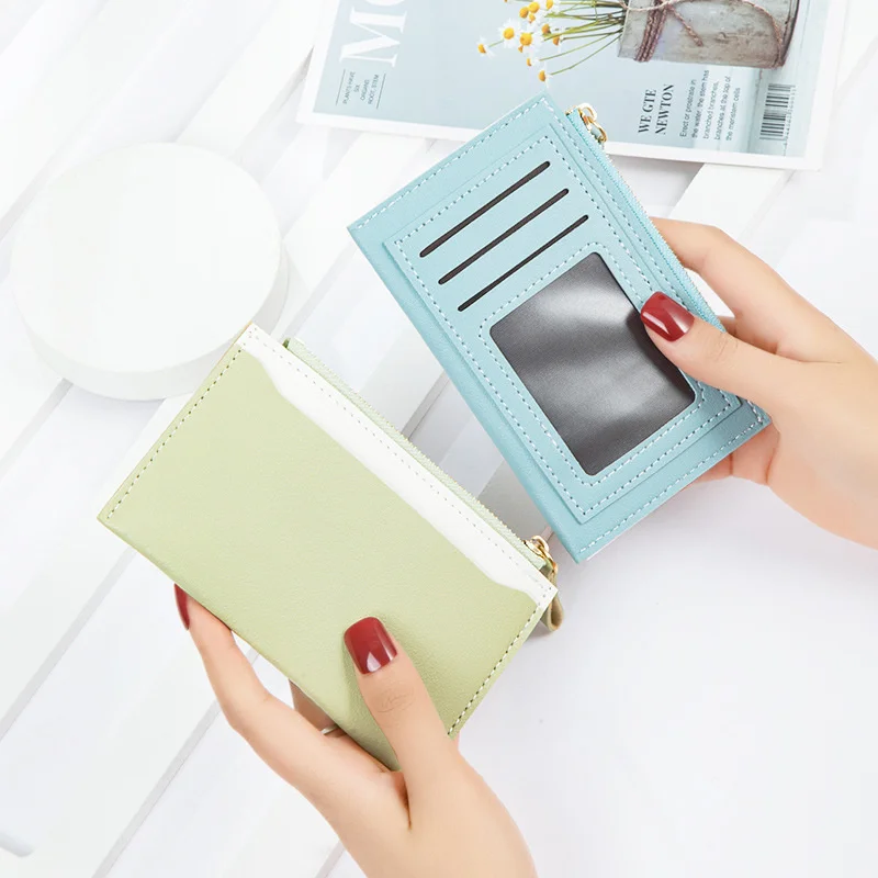 Card bag female zipper zero wallet 2021 new PU leather splicing color contrast certificate card small fresh Wallet