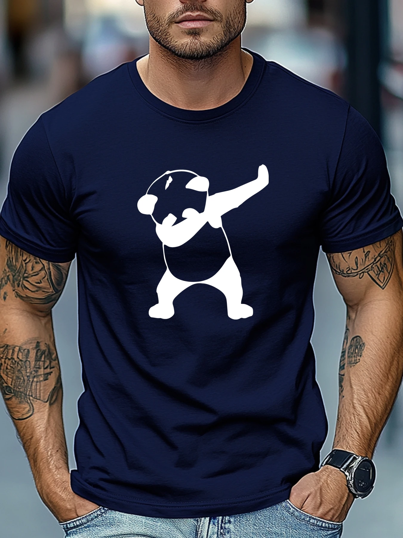 Dancing Panda Print Men's T-Shirt, 100% Cotton, Simple Style, Versatile, Trendy, Loose Fit, Summer 2026