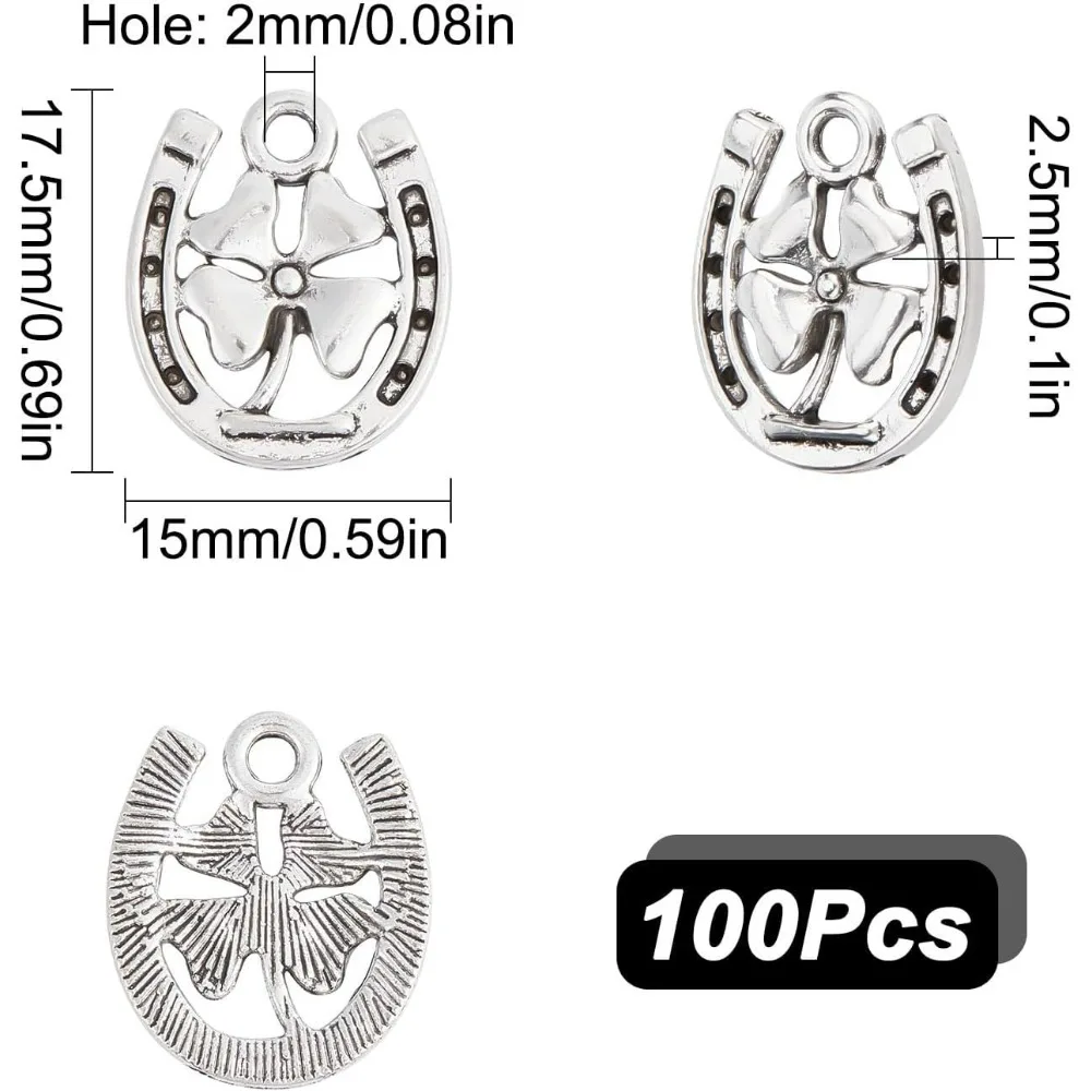 1 Box 100Pcs Horseshoe Charms Four Leaf Clover Charms Horse Shoe Charms Good Luck Western Cowboy Charm for Jewelry Making