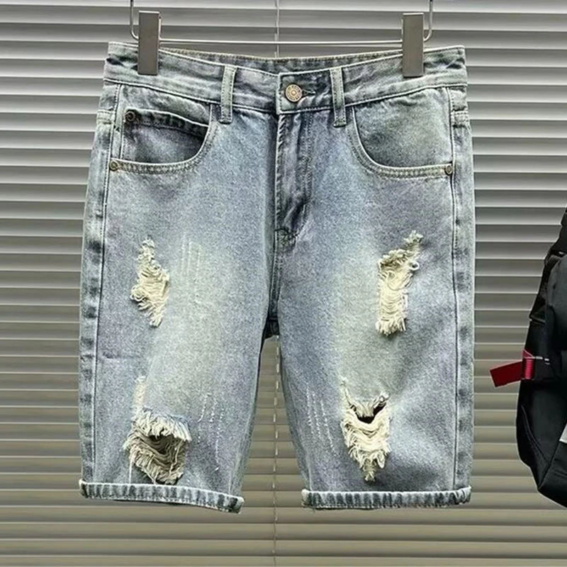 

2026 Mens Istressed Denim Shorts Summer Baggy Ripped Jeans Straight Leg Frayed Hem Casual Loose Fit Five Inch Shorts