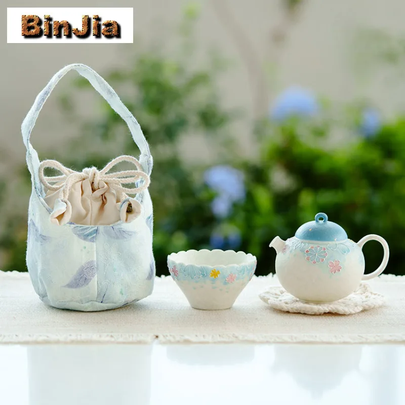 Sea Blue Pile Color Flower Travel Tea Set Kit Handmade 1 Pot 1 Cup Household Tea Brewing Organizer Portable Outdoor Tote Bag