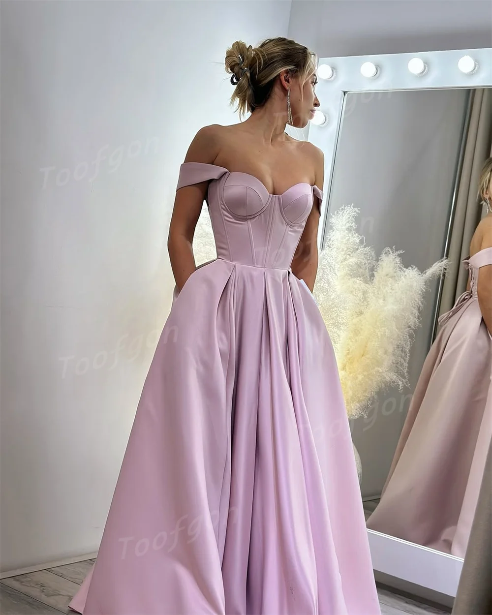 Toofgon chérie rose clair robes de soirée personnalisé a-ligne Satin haute fente formelle robes de bal Corset Occasion spéciale robe
