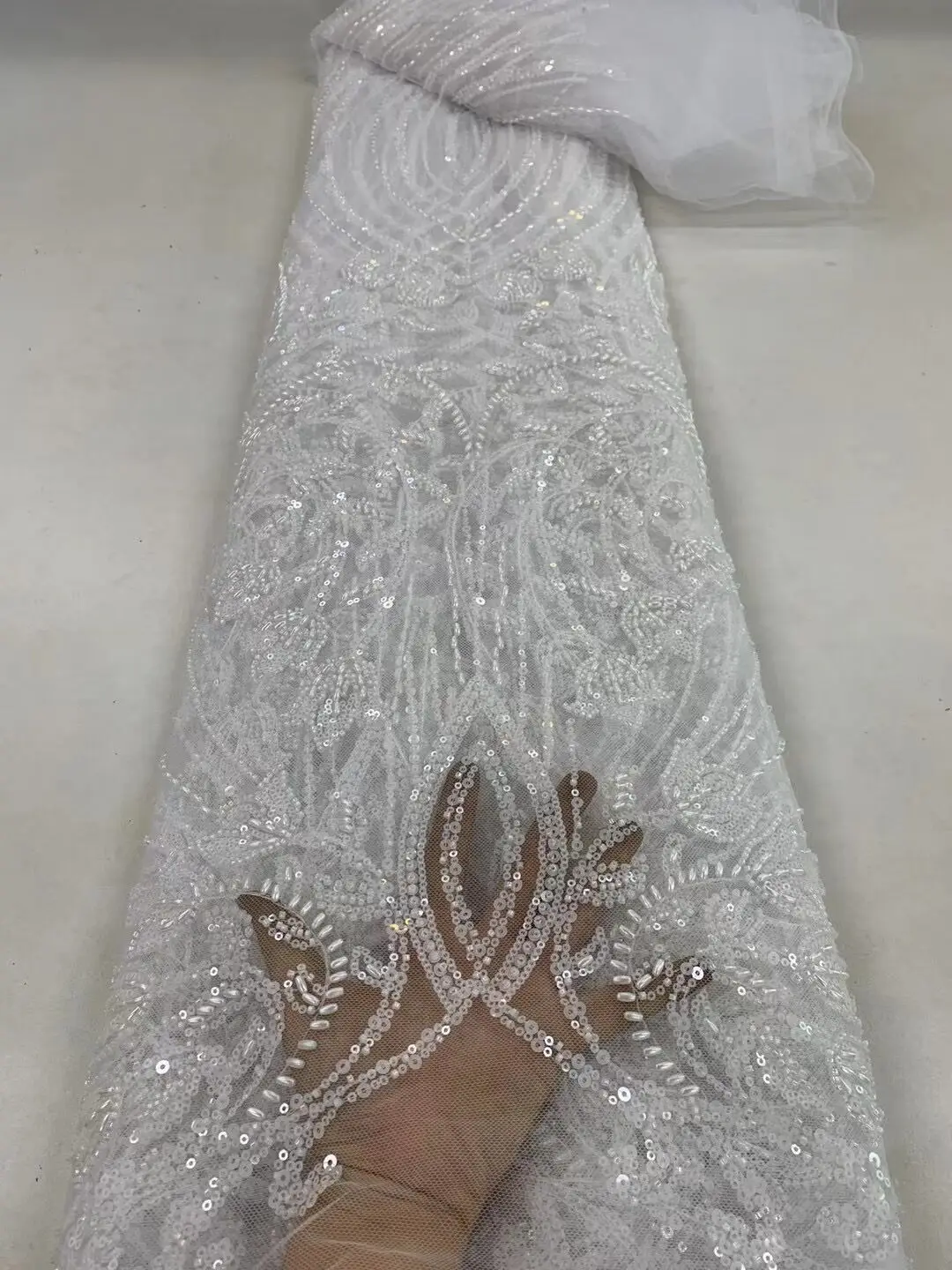 

African Nigerian High Quality Tulle With Embroidery Sewing Sequins Net Cloth Beads L-1308587 Dresses Lace Fabric